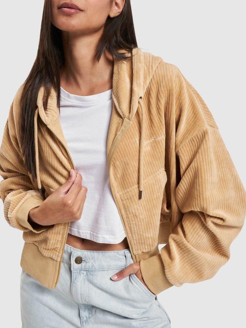 Karl Kani Felpa Zip Chest Signature Corduroy da Donna - Beige