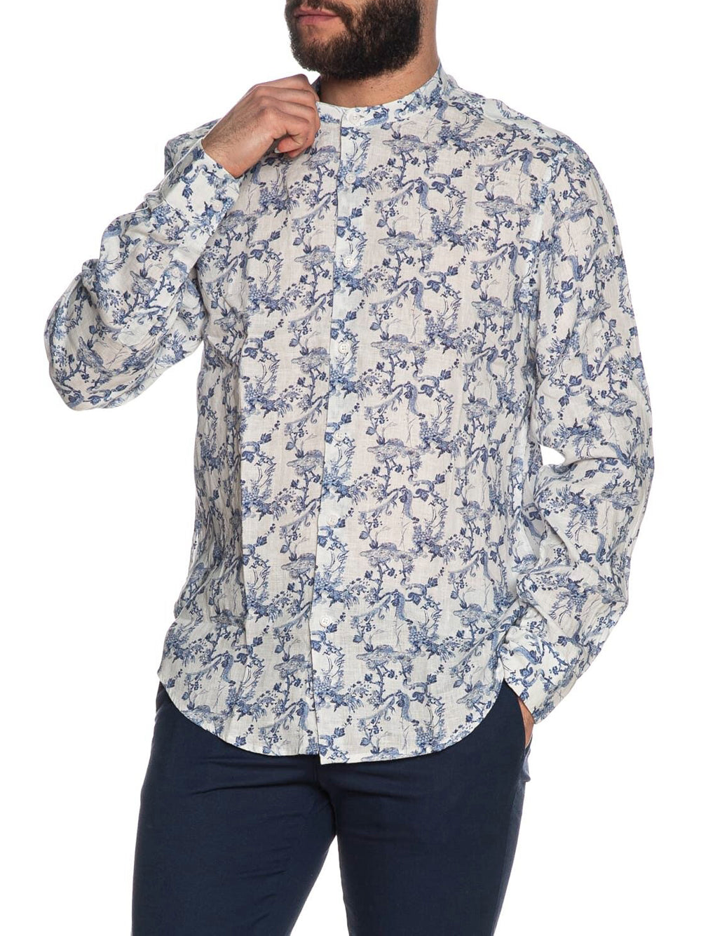 Camicia Casual Gianni Lupo Mandarin Linen Floral da Uomo - Bianco