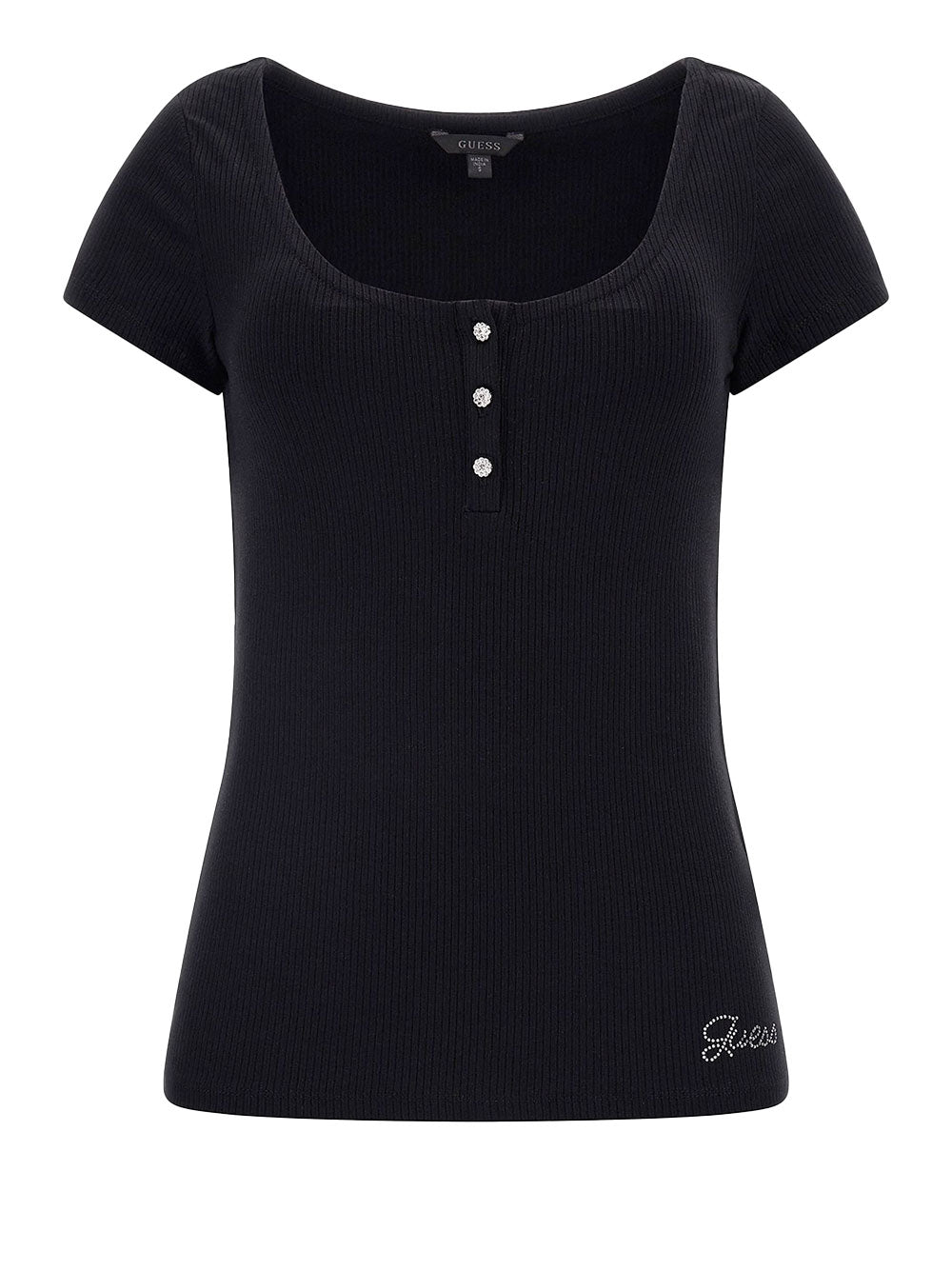 T-shirt Guess Karlee Jewel Henley da Donna - Nero