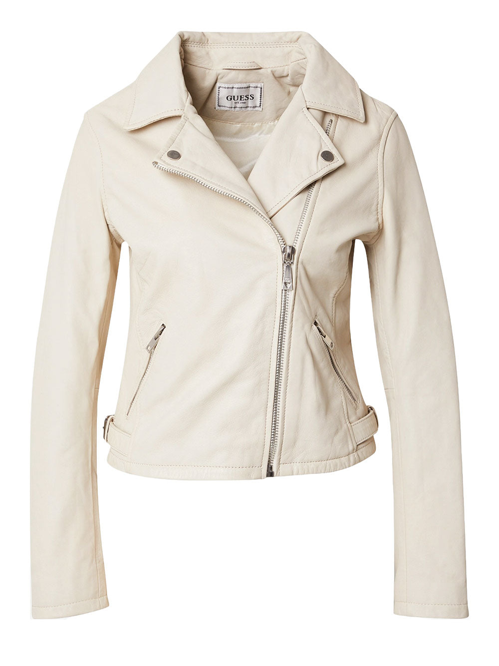 Giubbino di Pelle Guess Real Leather Moto da Donna - Bianco