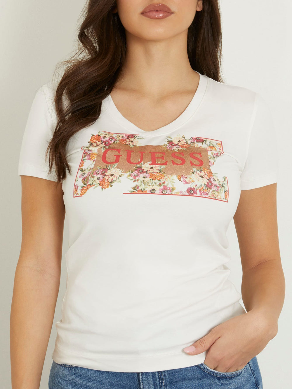 T-shirt Guess Logo Flowers da Donna - Bianco