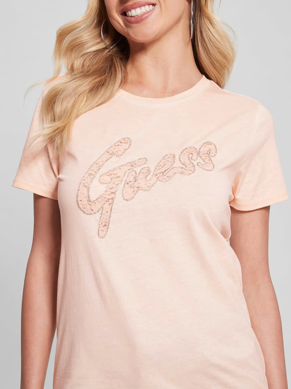 T-shirt Guess Lace Logo da Donna - Rosa