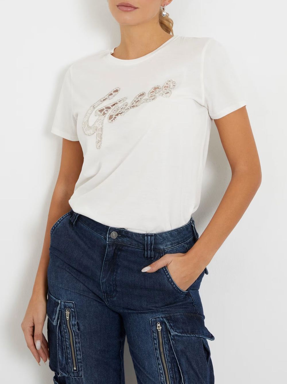 T-shirt Guess Lace Logo da Donna - Bianco