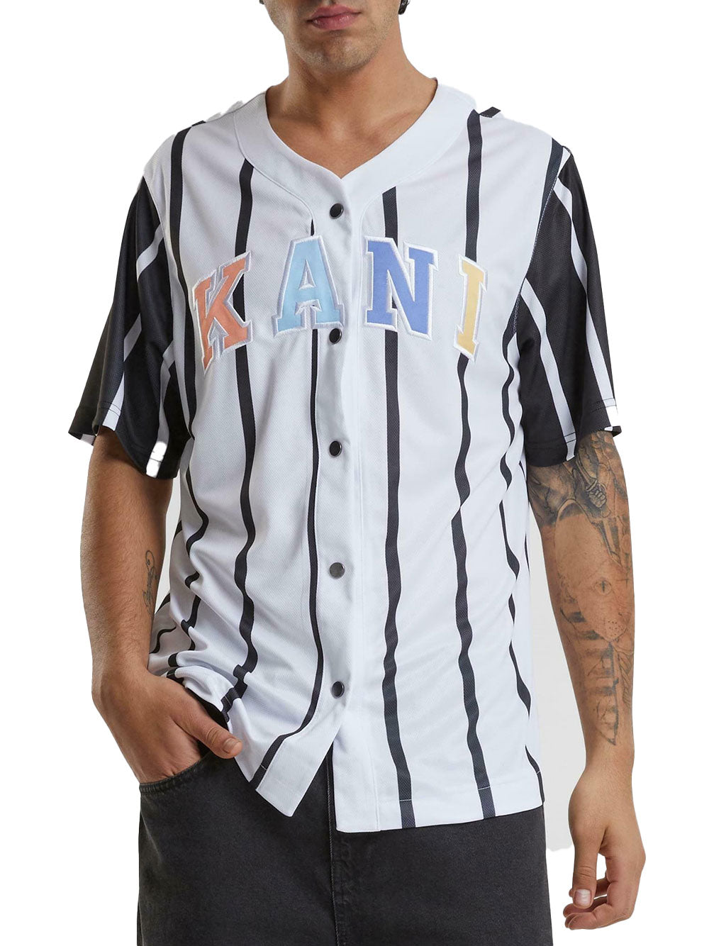 Camicia Karl Kani Serif Striped Block Baseball da Uomo - Bianco