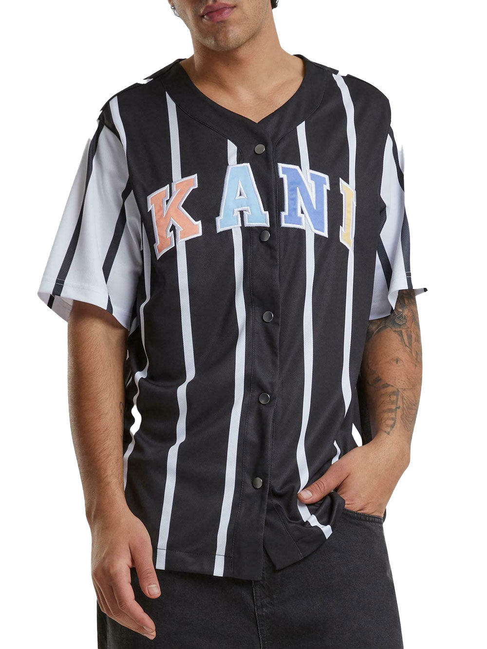 Camicia Karl Kani Serif Striped Block Baseball da Uomo - Nero