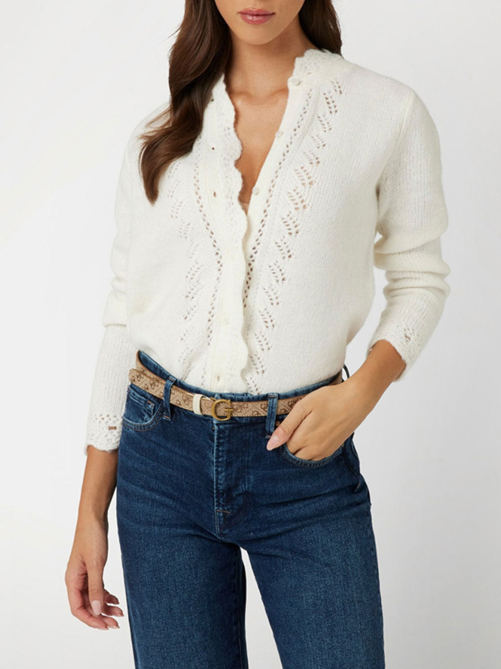 Cardigan Guess Crochet Macie da Donna - Bianco