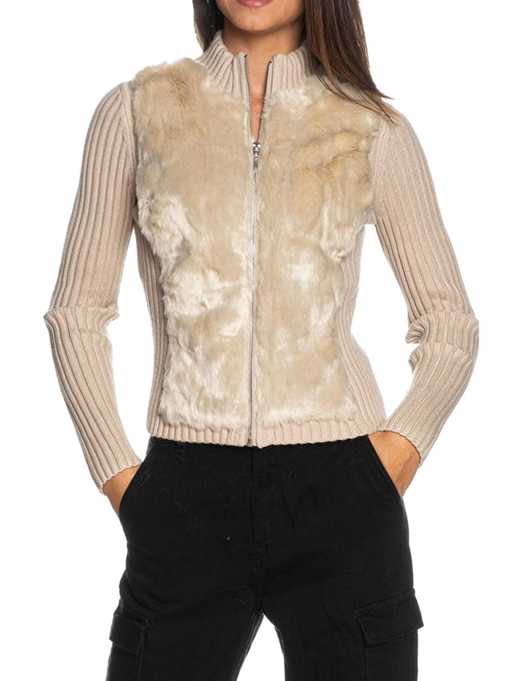 Cardigan Guess Fur Mix da Donna - Beige