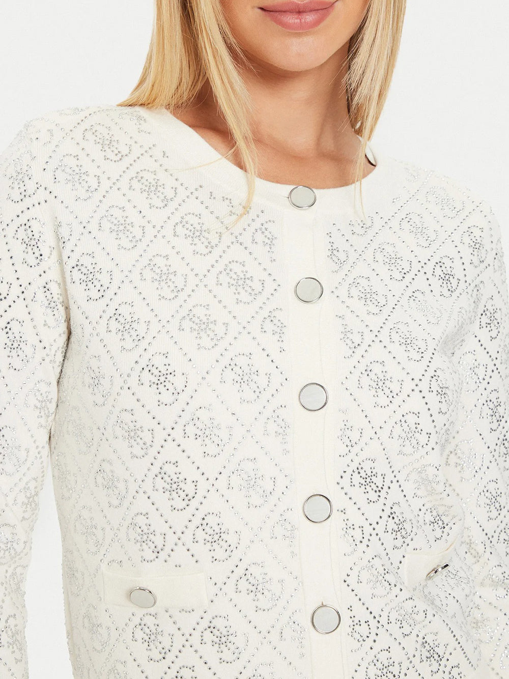 Cardigan Guess Paige 4G Stones da Donna - Bianco