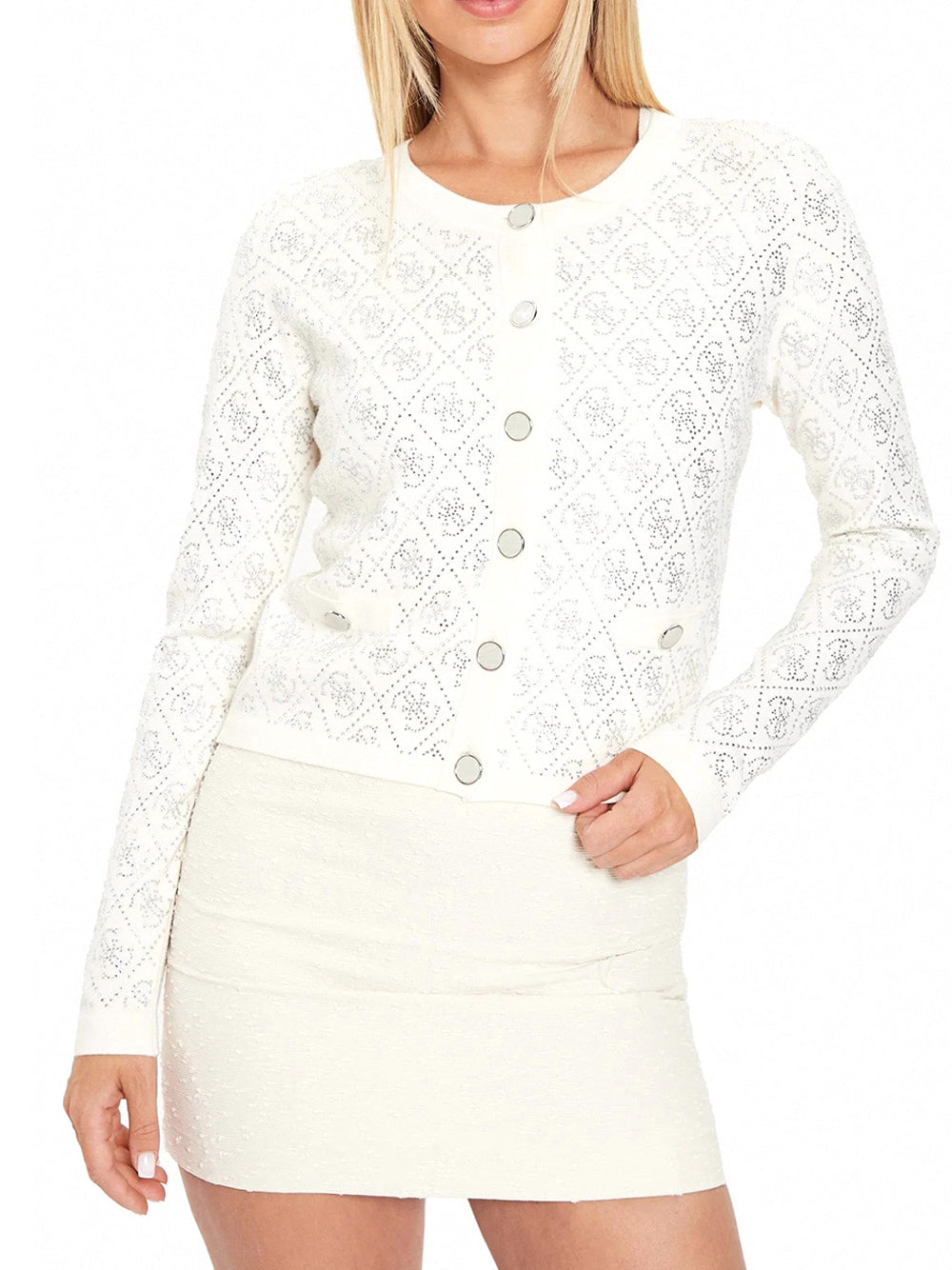 Cardigan Guess Paige 4G Stones da Donna - Bianco