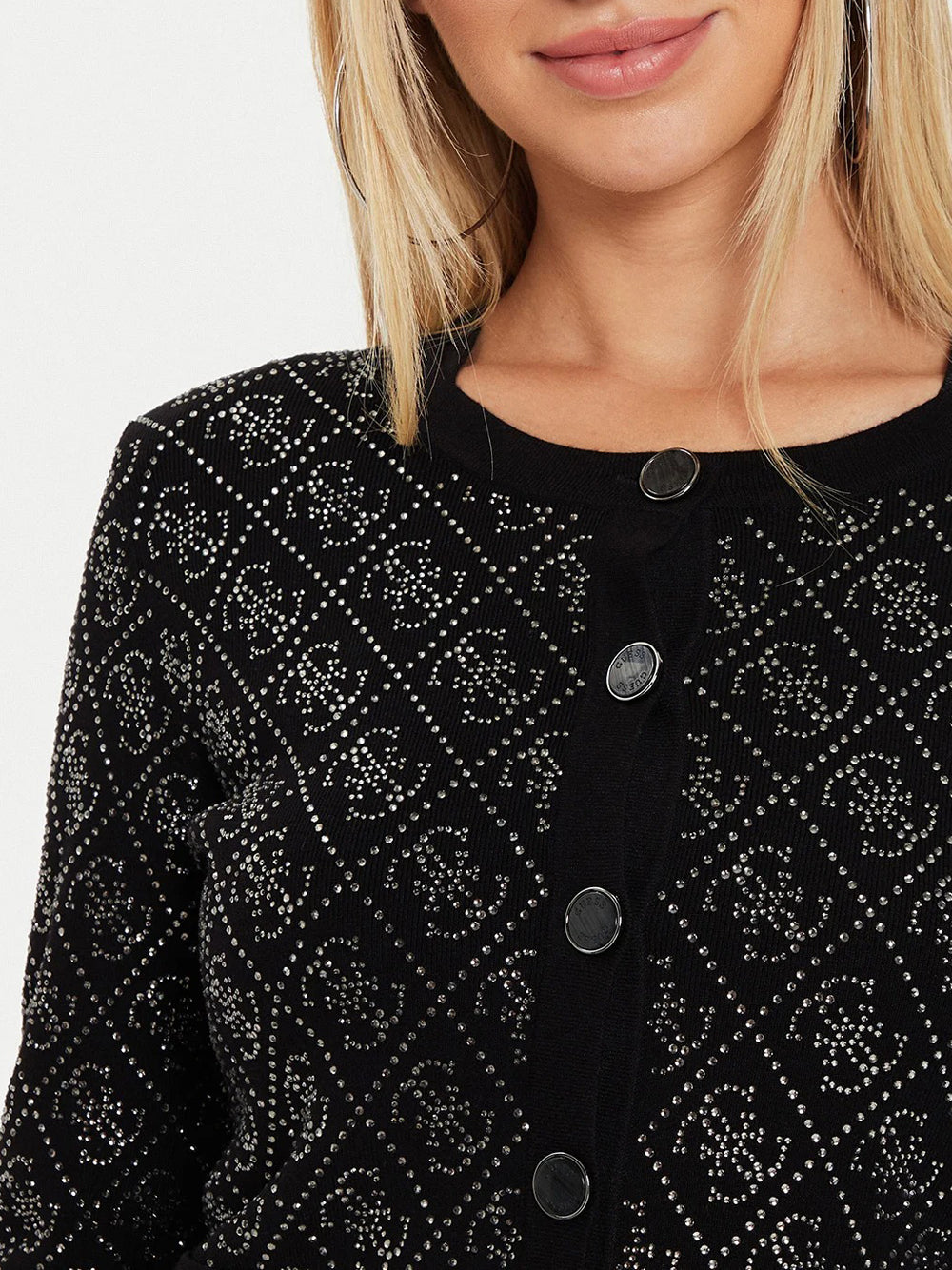 Cardigan Guess Paige 4G Stones da Donna - Nero